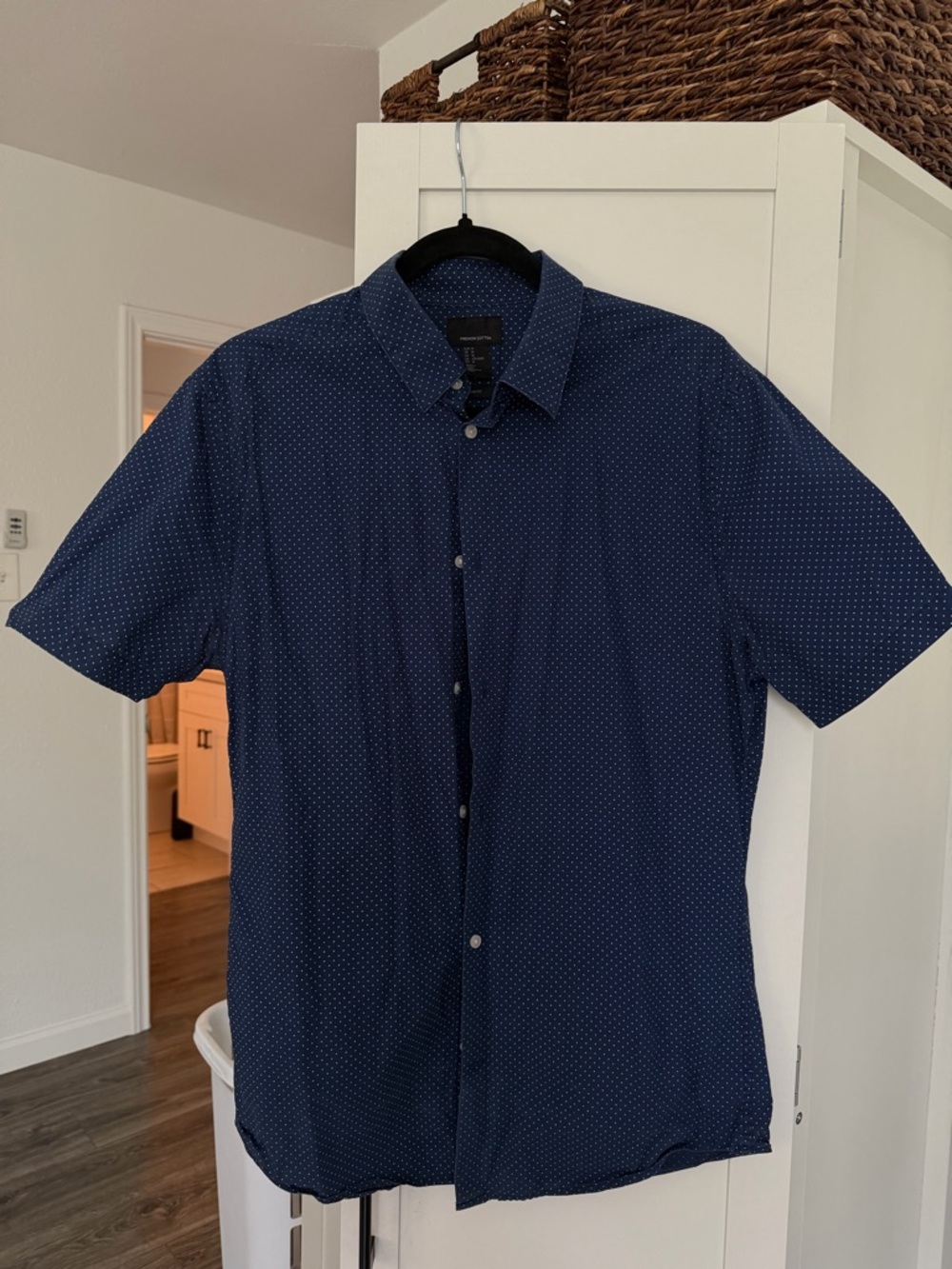 H&M Navy Short-Sleeve Button-Down Shirt with Micro Dot Pattern